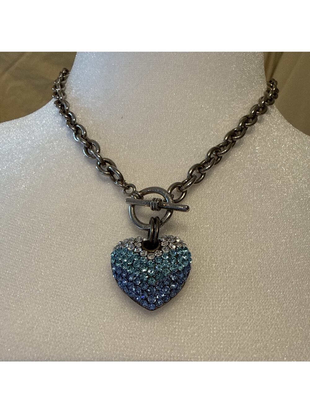Y2K Rhinestone Heart Pendant Choker Toggle Clasp Necklace Blue Ombré Crystals